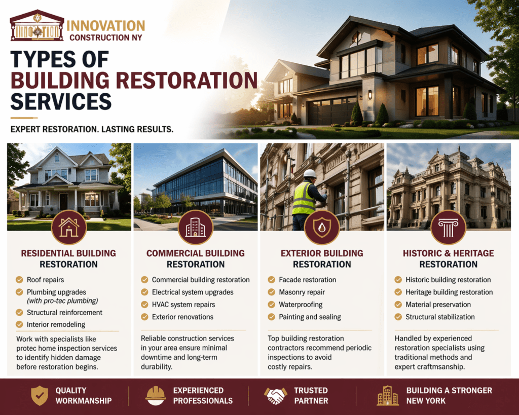 Infographic showing types of building restoration services including residential, commercial, exterior, and historic restoration by Innovation Construction NY.