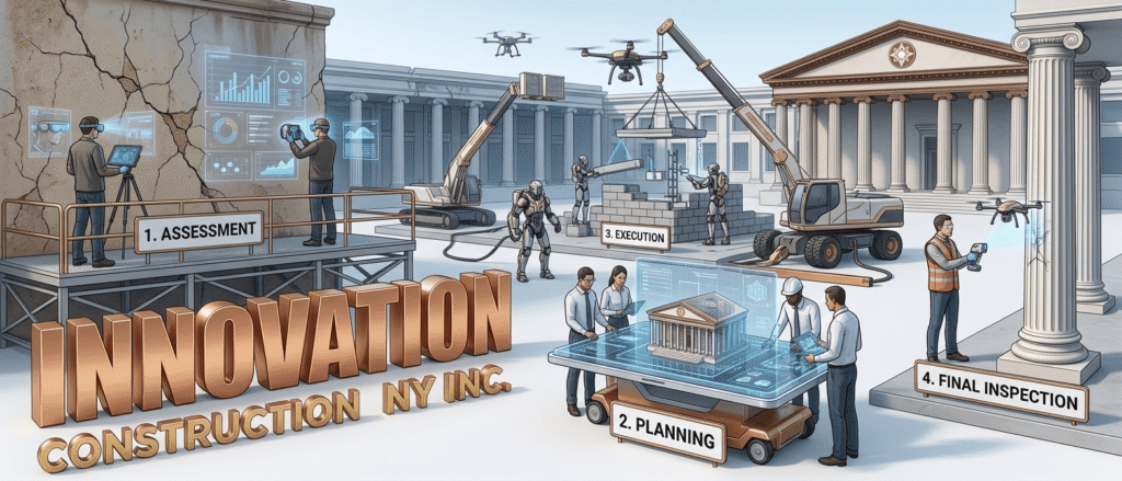 Assessment: Engineers wearing augmented reality (AR) headsets use digital tablets to scan a cracked, aged wall, with holographic data overlays appearing in the air.