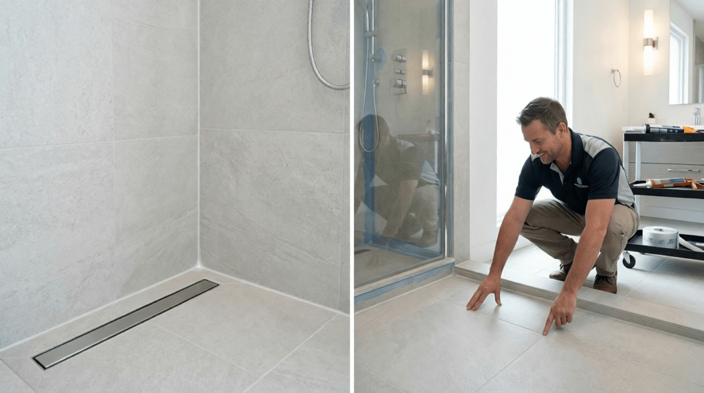 An expert technician inspecting a professionally waterproofed shower floor featuring a sleek stainless steel linear drain and light gray porcelain tiles.