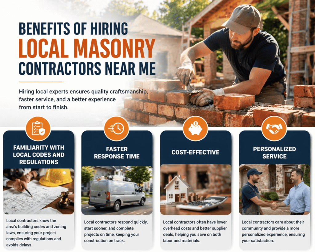 Infographic highlighting the benefits of hiring local masonry contractors, including familiarity with local codes, faster response times, cost-effectiveness, and personalized service.