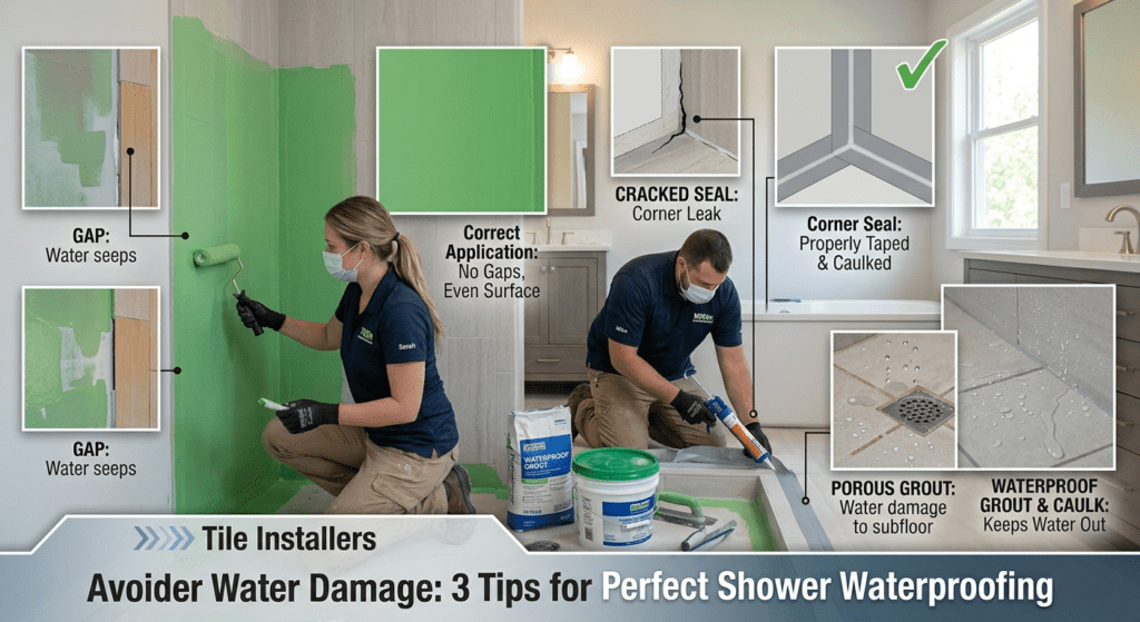 A female installer in a face mask and gloves uses a roller to apply a bright green liquid waterproofing membrane. Callout boxes point to "GAPS" where water could seep, contrasted with a "Correct Application" box showing a smooth, even surface.