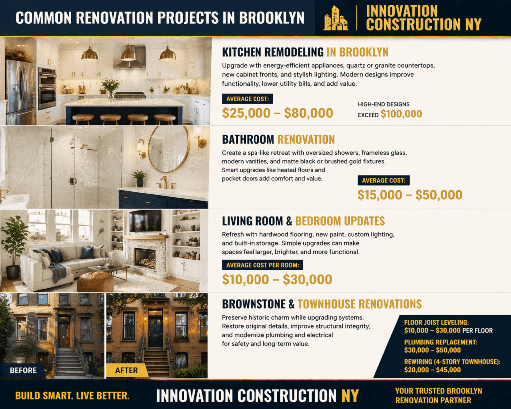 Infographic showing common renovation projects in Brooklyn, including kitchen, bathroom, living room, and brownstone upgrades by Innovation Construction NY