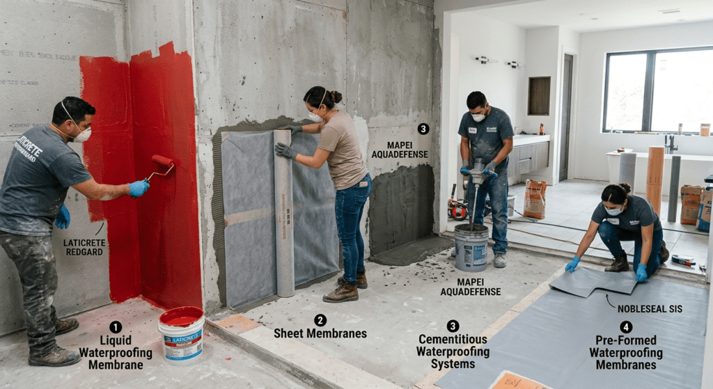 A wide photograph captures four people inside a modern bathroom construction site. A man in a face mask uses a paint roller to apply red liquid to a concrete wall on the left, labeled with "LATICRETE REDGARD." Near him, a person in a mask holds a gray membrane sheet against a wall, labeled "2. Sheet Membranes." Next to this, a man wears a face mask and mixes something in a large blue bucket with a mixing tool, labeled "3. Cementitious Waterproofing Systems." On the floor, a woman in a mask presses a large, flat, gray square mat to the ground, labeled with "NOBLESEAL SIS." All text is clearly legible, including "4. Pre-Formed Waterproofing Membranes."
