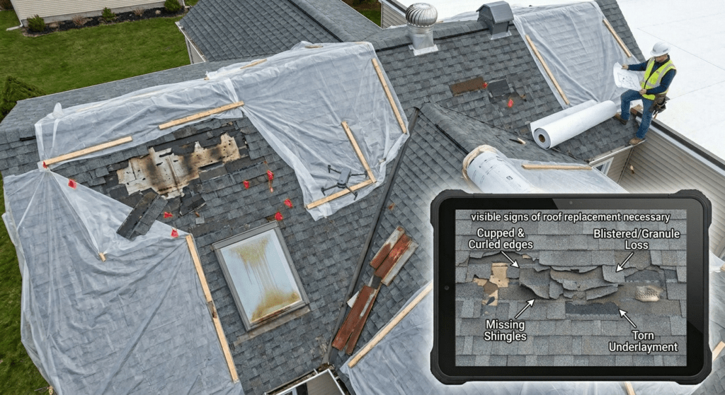 An aerial photograph taken from a roof repair site shows a two-story home with sections of its roof covered with plastic tarps and wood slats, indicating recent repairs. In the distance, a worker wearing a safety vest and hard hat stands and looks down at the tarps and materials. Below, an in-set image appears on a rugged tablet screen, with labels listing potential warning signs for roof damage: missing shingles, curled and cupped edges, torn underlayment, and granule loss.
