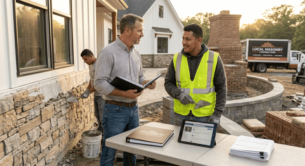 A team of professional masonry contractors working on a residential construction site during sunset. One mason installs stone veneer on a house exterior, another builds a brick outdoor fireplace, and a third works on a curved stone retaining wall. A local masonry company truck is parked in the background of the active job site.
