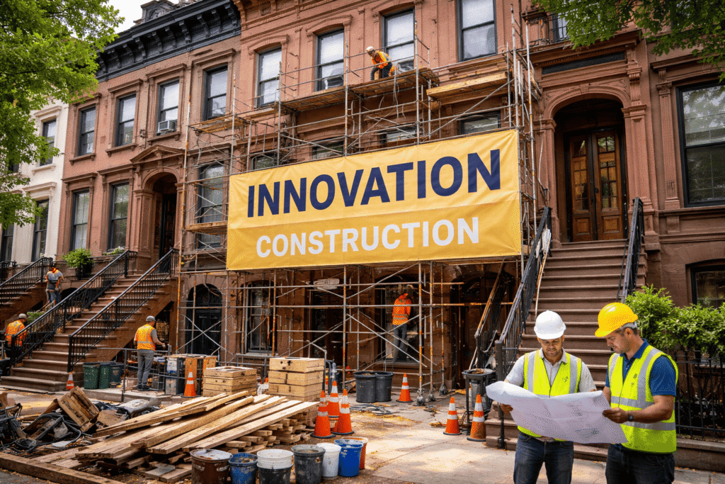 A construction site featuring a row of historic New York brownstones being restored. Workers in safety vests and helmets are busy at work with scaffolding surrounding the buildings. A large yellow banner on the scaffolding prominently displays the words "INNOVATION CONSTRUCTION."