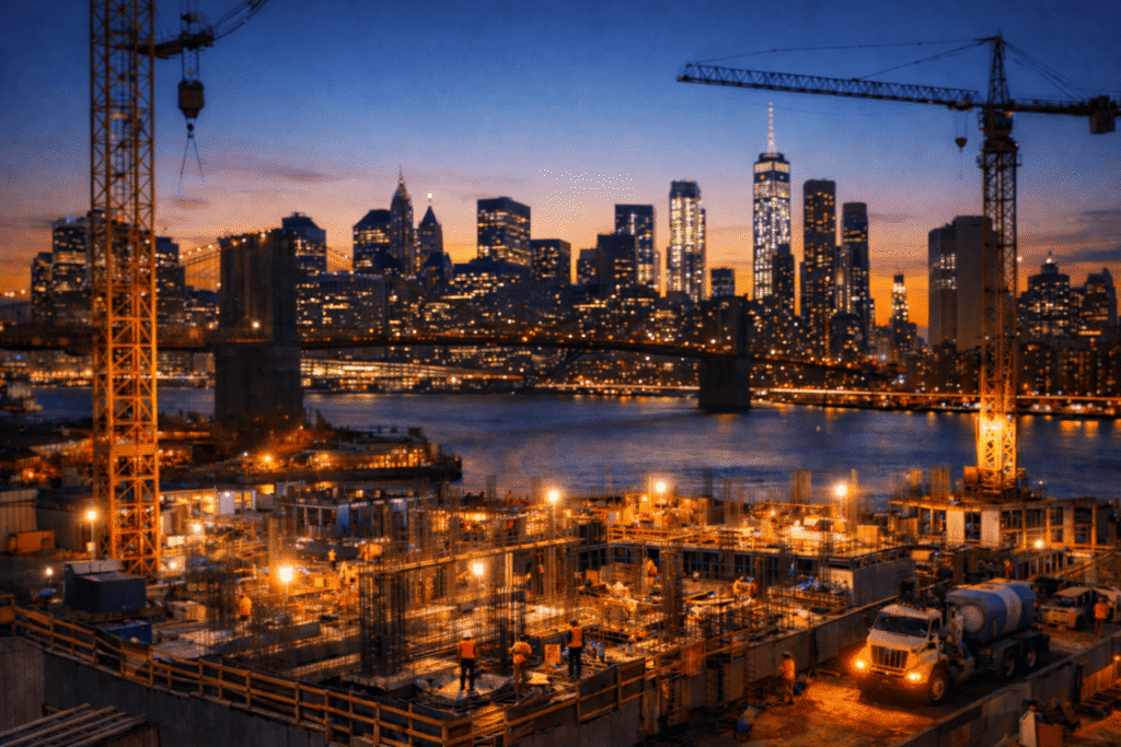 New York City construction site at sunset with skyline and cranes