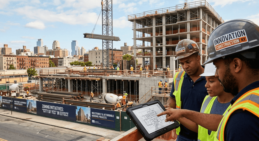 Zoning & Policy: Construction fencing in the mid-ground features professional banners with text such as "Zoning Initiatives: 'City of Yes' In Effect" and "Multifamily & Affordable Housing Projects."