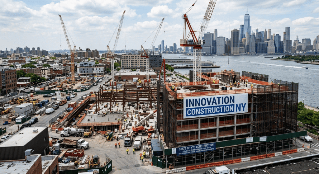The scene is set in an active urban development zone overlooking the East River, with the iconic Manhattan skyline and the One World Trade Center visible in the distance across the water. The site is a hive of activity, featuring multiple yellow and red tower cranes, excavators, and construction crews in high-visibility vests