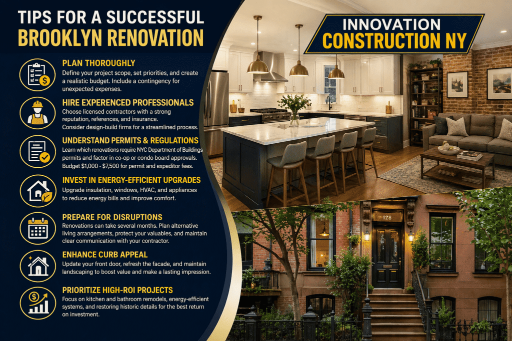 Infographic poster showing tips for a successful Brooklyn renovation with modern kitchen, brownstone exterior, and Innovation Construction NY branding