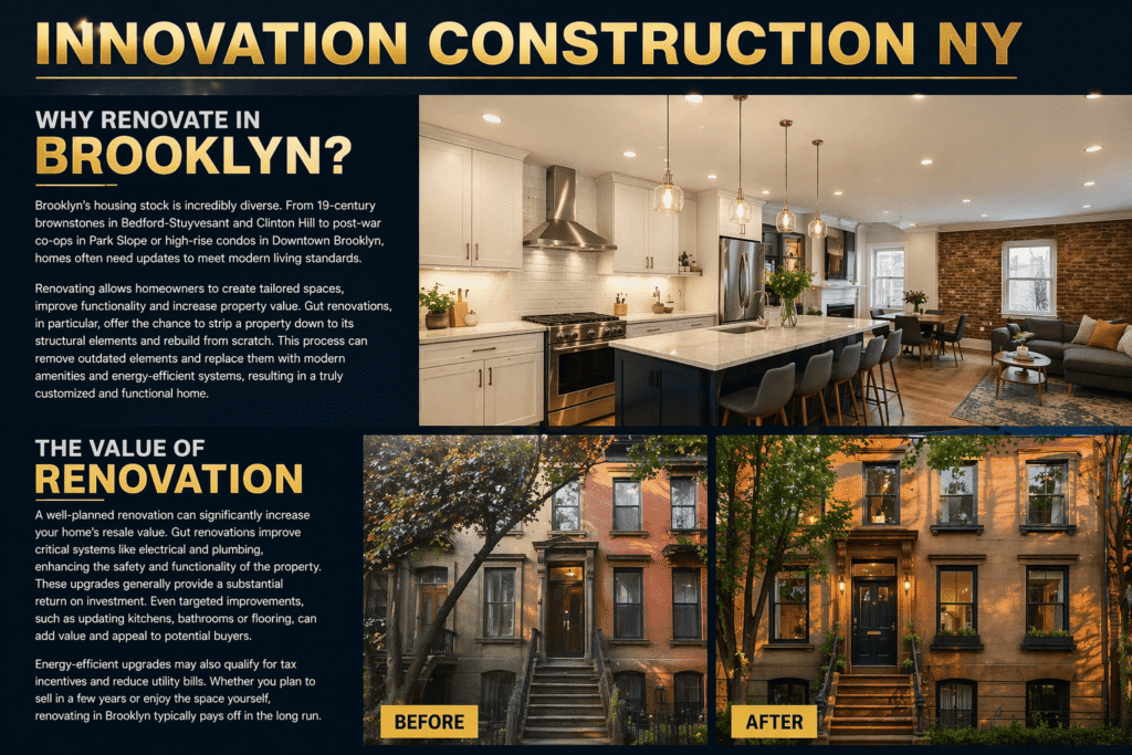 Promotional renovation image showing Brooklyn home upgrade benefits with modern kitchen, brownstone before-and-after, and Innovation Construction NY branding