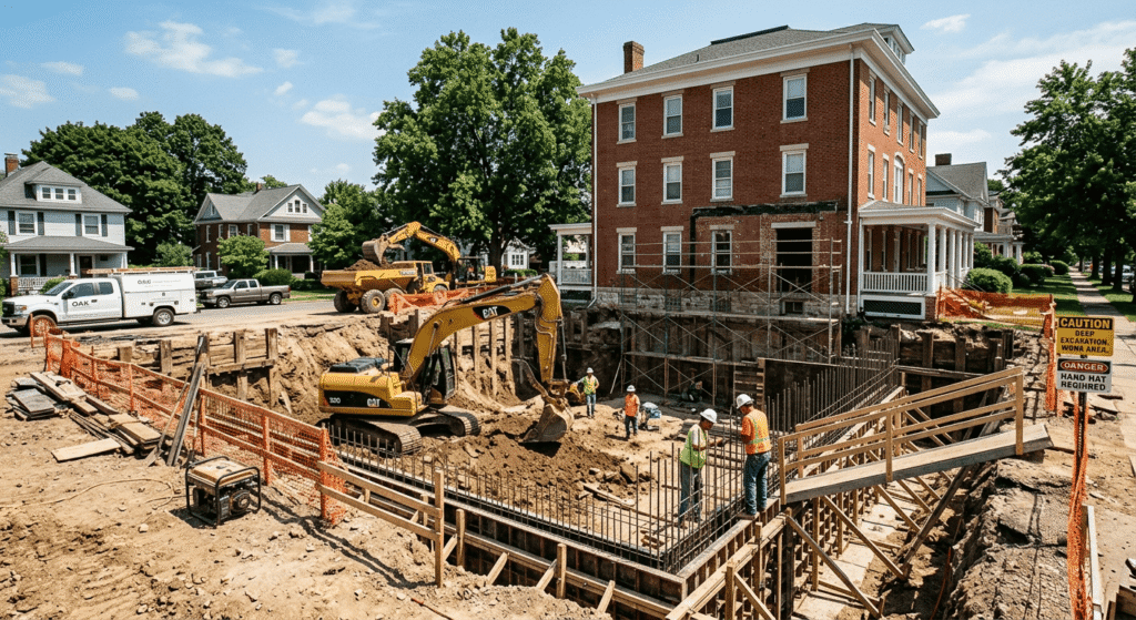 Construction workers laying foundation of a building