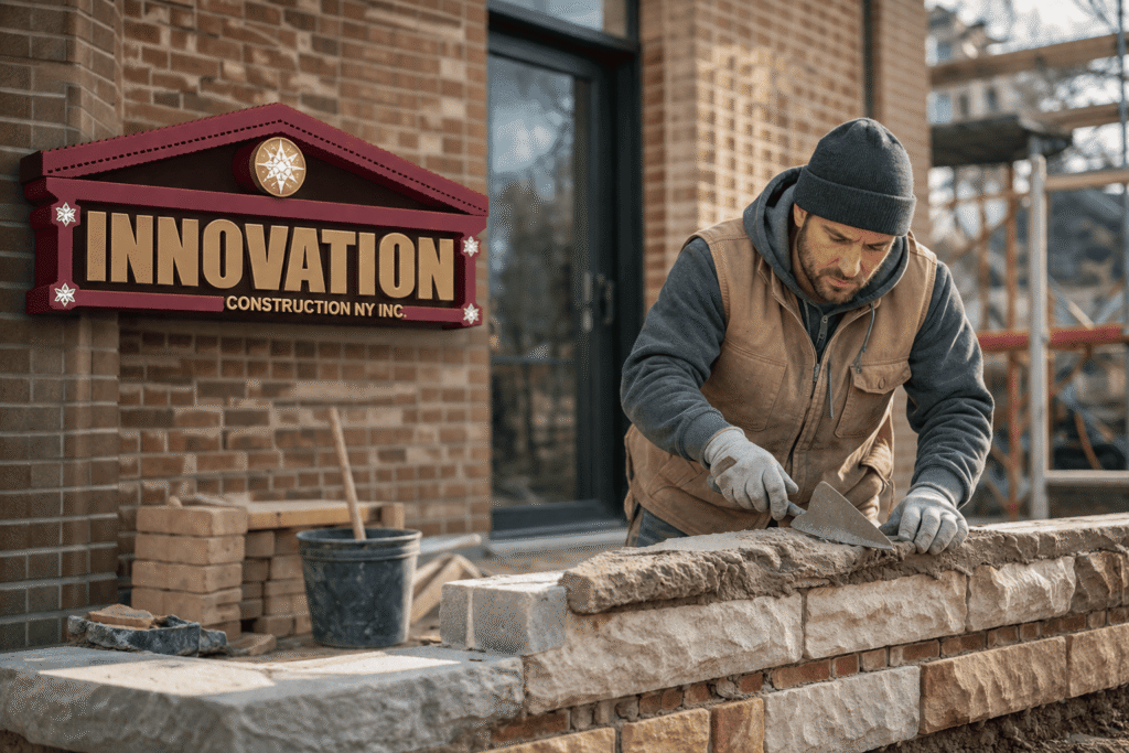 Professional masonry contractor restoring a brick and stone exterior in Brooklyn, NY, with the Innovation Construction NY logo prominently displayed on one side, representing trusted masonry services near Brooklyn and Manhattan.