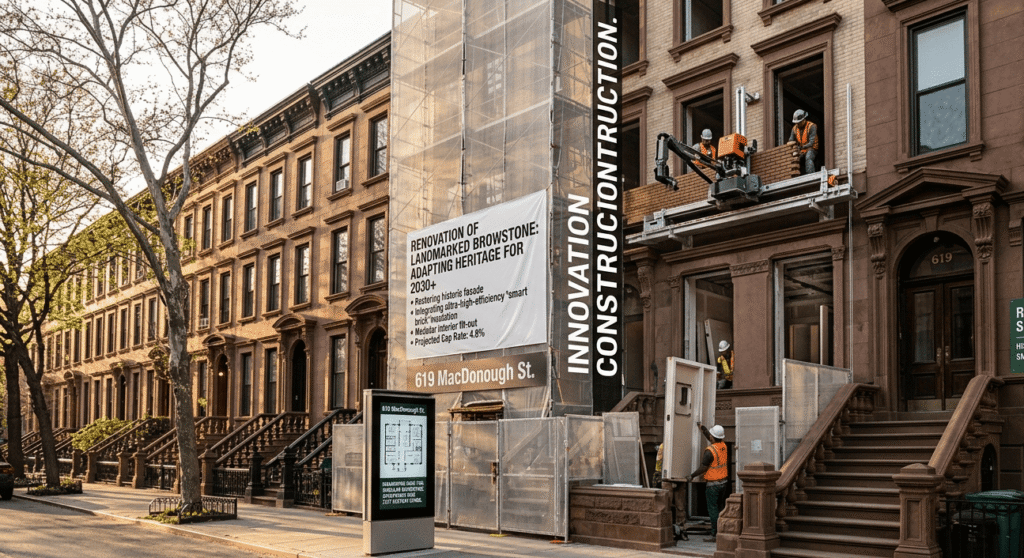 While the neighboring homes maintain their pristine, historic look, the active site is encased in translucent, high-tech scaffolding, signaling a bridge between New York's architectural heritage and future building standards.