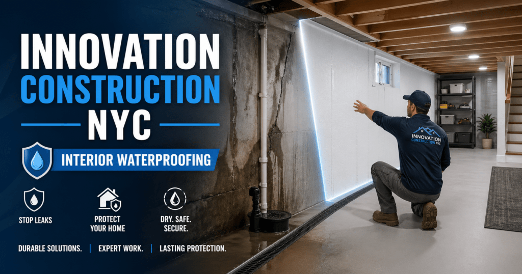 Innovation Construction NYC interior waterproofing service image showing a contractor inspecting a basement wall with leak protection, sump pump, and drainage system.