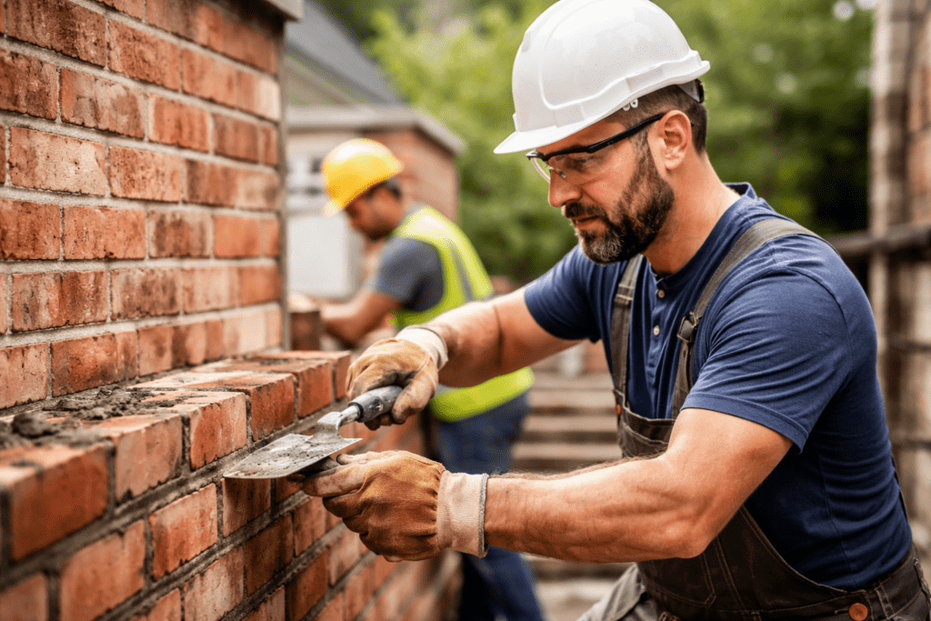 Skilled masonry contractors working on a brick wall outdoors, applying mortar with precision.