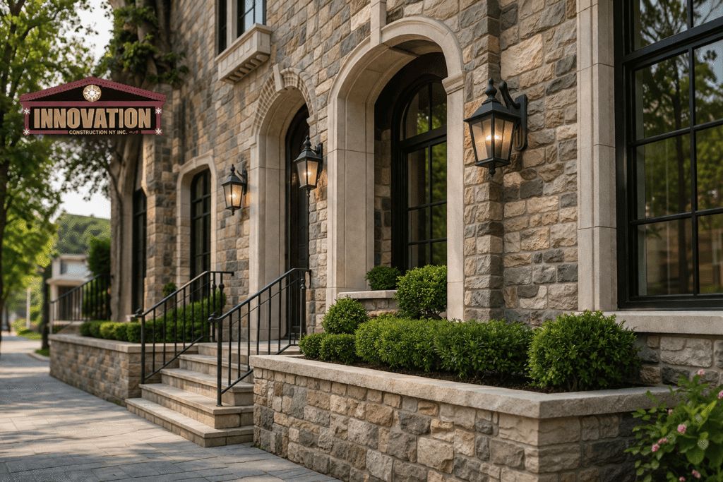 Professional stone masonry, stone veneer installation, and masonry restoration project by Innovation Construction NY in Brooklyn, NY, showcasing expertly crafted natural stonework on a residential property.