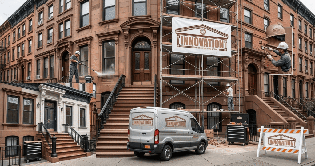 A dynamic construction site photo of multiple workers actively restoring brownstone facades, showing sandstone cleaning, repointing, and stoop work in progress.