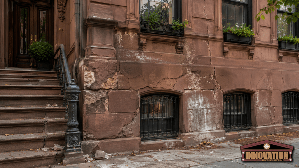 Damaged historic NYC brownstone facade showing cracks, flaking stone, crumbling mortar, water stains, stoop damage, and Innovation Construction NY logo.