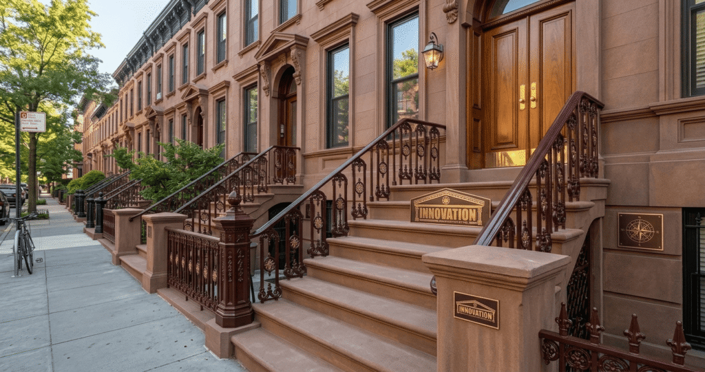 An elegant, high-resolution architectural photograph of a perfectly restored historic brownstone stoop in a Brooklyn neighborhood. The image showcases pristine, smooth sandstone steps and meticulously restored ornate iron railings finished in a deep burgundy-brown. A polished bronze plaque featuring the "INNOVATION" logo and a classical temple icon is mounted on a stone riser, with a matching compass rose emblem integrated into the ironwork. The background features a clean New York City street with similar historic townhouses, lush green trees, and soft afternoon sunlight.