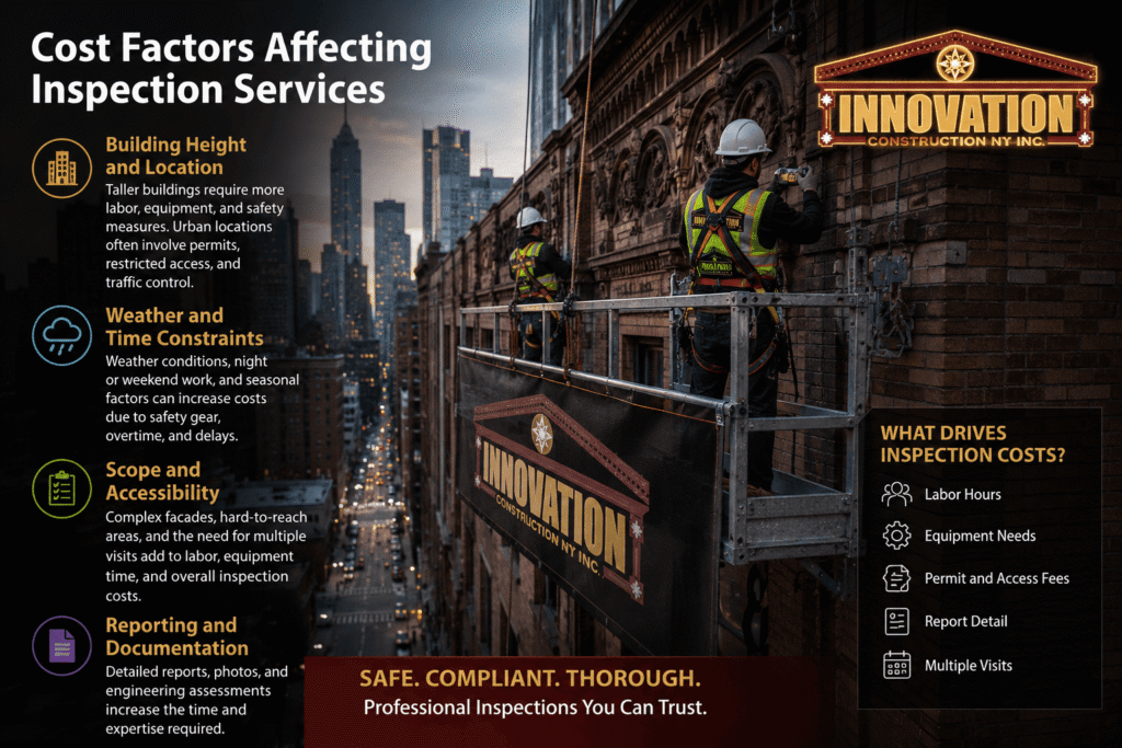 Wide-format promotional image illustrating the cost factors affecting building inspection services. Two construction inspectors wearing safety harnesses and helmets perform a facade inspection from a suspended scaffold on the exterior of a multi-story brownstone building overlooking a dense urban skyline at dusk. The illuminated Innovation Construction NY Inc. logo is prominently displayed on the building and scaffold as a branded highlight. Informational graphics explain key cost drivers, including building height and location, weather and time constraints, scope and accessibility, and reporting and documentation. A sidebar lists additional factors such as labor hours, equipment needs, permit and access fees, report detail, and multiple site visits. The image conveys professional facade inspection services, urban building maintenance, safety compliance, and project planning in a modern city environment.