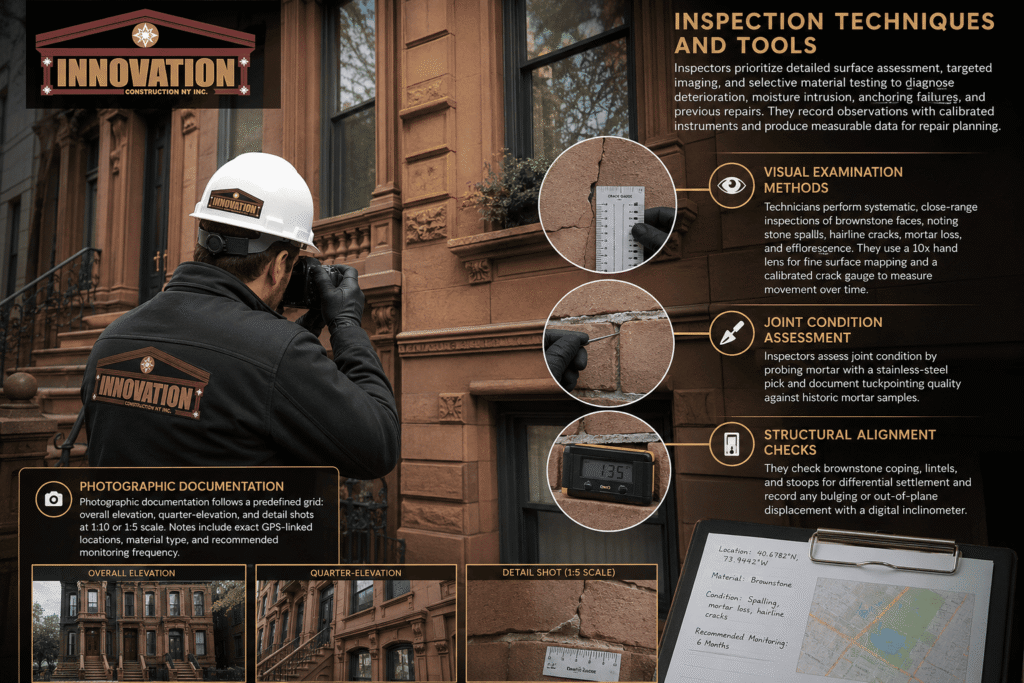 Professional brownstone facade inspection infographic showing a field inspector documenting a historic brownstone exterior. The inspector wears a hard hat and jacket featuring the Innovation Construction NY Inc. logo. Visual callouts highlight crack measurement with a calibrated gauge, mortar joint assessment using a stainless-steel pick, and structural alignment checks with a digital inclinometer. The graphic includes photographic documentation examples, GPS-linked inspection notes, and detailed close-up images of stone deterioration, hairline cracks, mortar loss, and surface damage. The Innovation Construction NY Inc. logo is prominently displayed throughout the design, emphasizing expertise in brownstone facade inspection, restoration planning, and structural assessment.