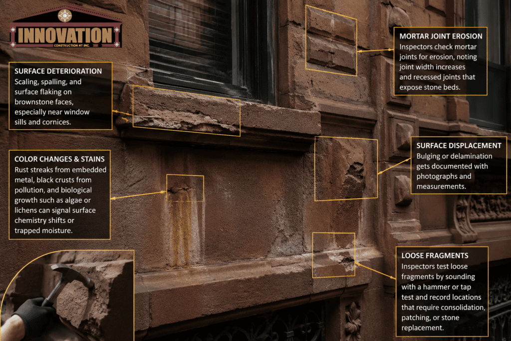 Close-up brownstone facade inspection image highlighting common exterior deterioration issues on a historic masonry building. Callout boxes identify surface deterioration, including scaling, spalling, and flaking stone beneath a window sill; mortar joint erosion with widened and recessed joints; surface displacement caused by bulging or delamination; color changes and staining from rust, pollution, and biological growth; and loose stone fragments requiring stabilization or replacement. A worker performs a hammer sounding test in an inset image to evaluate stone integrity. The Innovation Construction NY Inc. logo appears prominently at the top, reinforcing expertise in brownstone facade inspection, restoration, preservation, and repair assessment.