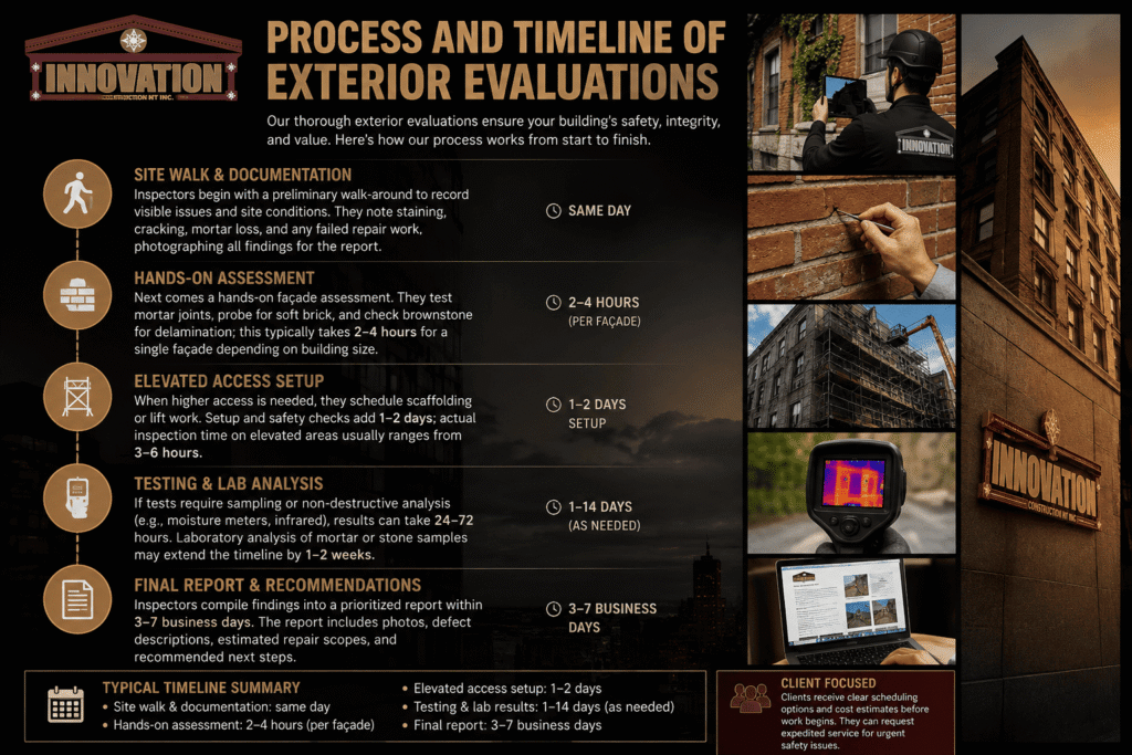 A wide, professional infographic titled “Process and Timeline of Exterior Evaluations” featuring the Innovation Construction NY logo prominently at the top and on a building façade. The design uses warm bronze and gold tones with a dark cityscape background. A vertical timeline on the left outlines five inspection stages: Site Walk & Documentation, Hands-On Assessment, Elevated Access Setup, Testing & Lab Analysis, and Final Report & Recommendations. Each stage includes descriptive text and estimated timeframes such as same day, 2–4 hours, 1–2 days, 1–14 days, and 3–7 business days. On the right, a collage of future-focused inspection scenes shows a façade inspector using a tablet, a close-up mortar inspection, scaffolding and lift access on a building, infrared thermal imaging equipment, and a digital inspection report on a laptop. A tall image of a restored brownstone building with the Innovation logo highlights the company’s branding and expertise in exterior evaluations.