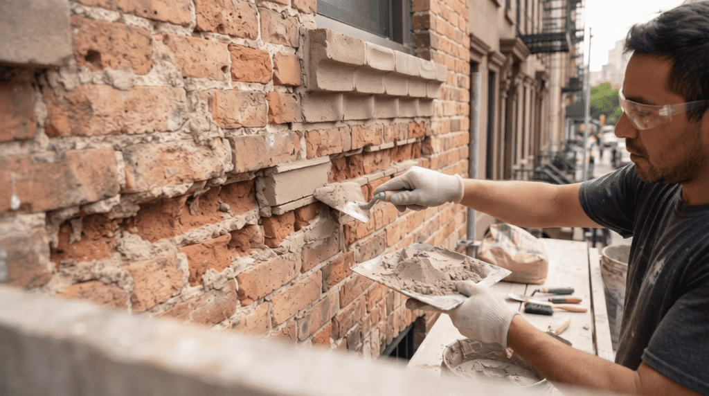 Close-up view of an NYC brick building facade during professional brick repointing, showing deteriorated mortar joints beside newly restored joints with no text overlay.