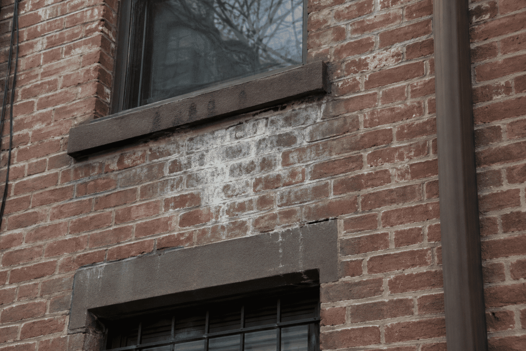 Brick wall leak repair NYC showing water stains, deteriorated mortar joints, and moisture damage on a brick building facade near windows.