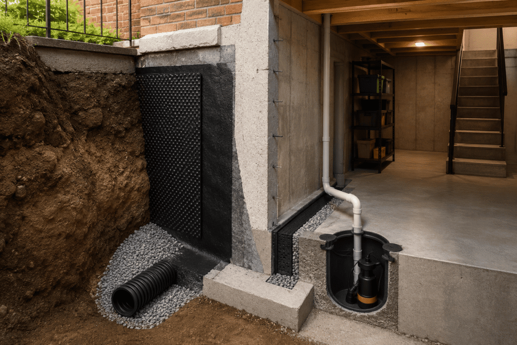 Basement and foundation waterproofing system showing exterior excavation, waterproof membrane, drainage pipe, and interior sump pump in a NYC brownstone basement.