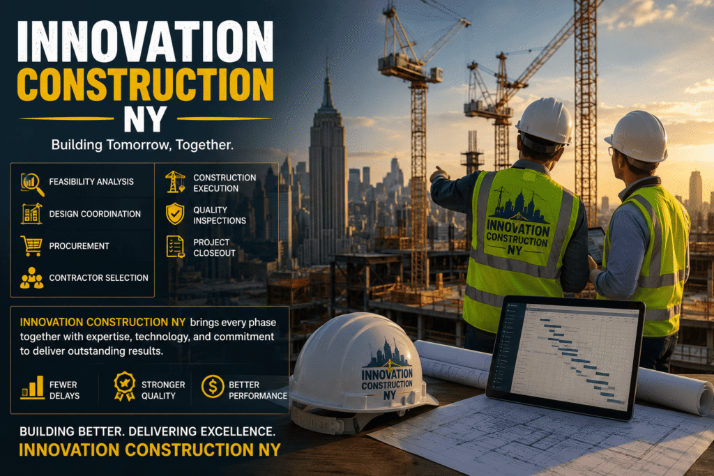 Construction project management team overseeing a commercial building site with Innovation Construction NY branding, highlighting feasibility analysis, design coordination, procurement, contractor selection, construction execution, quality inspections, and project closeout.