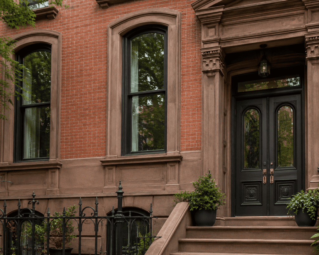 Cobble Hill Brownstone Restoration of historic Brooklyn row houses with restored brownstone facades and closely spaced townhomes
