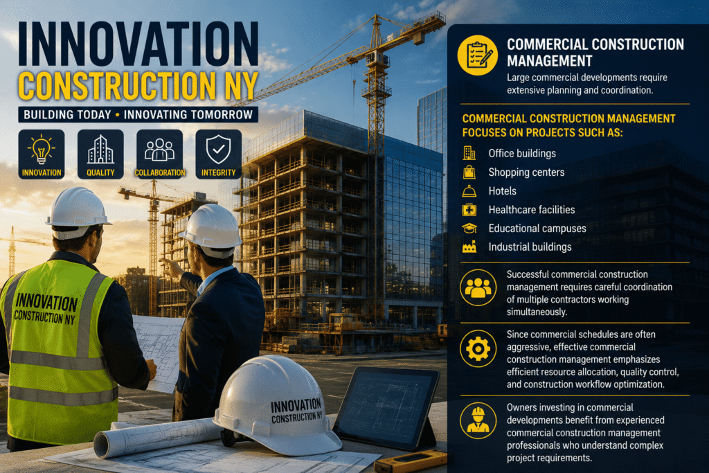 Commercial construction management promotional graphic by Innovation Construction NY featuring two construction professionals reviewing blueprints at a large commercial building site with cranes and a modern high-rise under construction. The design highlights commercial construction management services for office buildings, shopping centers, hotels, healthcare facilities, educational campuses, and industrial buildings, emphasizing project coordination, quality control, efficient resource allocation, workflow optimization, and experienced project leadership. Brand colors of navy blue and yellow reinforce a professional construction industry theme.