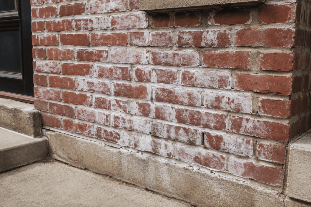 Close-up of efflorescence on brick walls showing white salt deposits caused by moisture intrusion in NYC masonry.