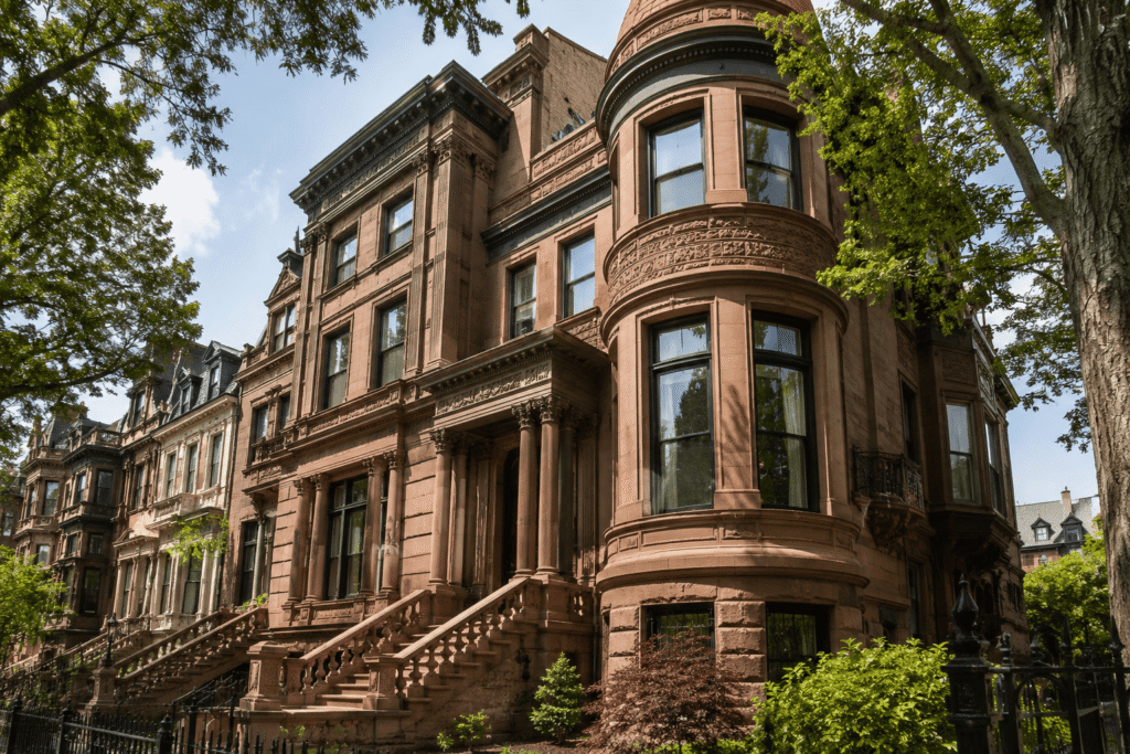 Restored historic brownstone and mansion facades along a tree-lined street in Clinton Hill, Brooklyn, showcasing detailed stonework, ornate architecture, and preserved 19th-century residential buildings.