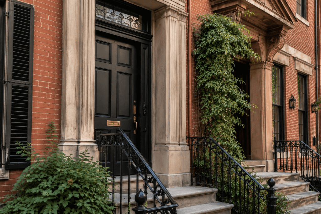 Greenwich Village Row House Restoration featuring historic Federal and Greek Revival row houses with restored brick facades, limestone entryways, and original iron railings in NYC.