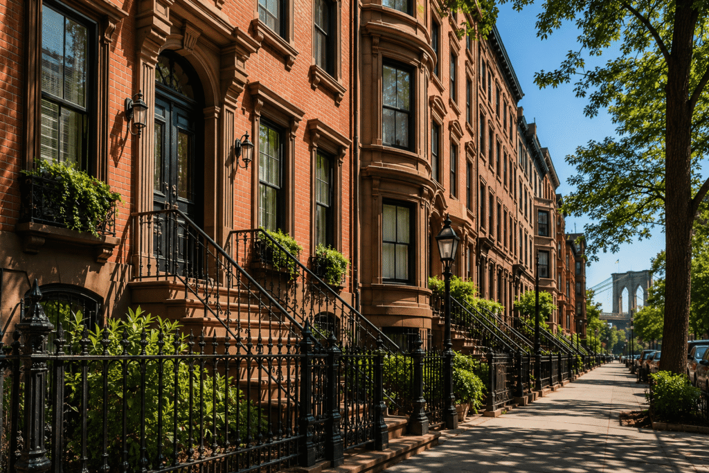 Historic Brooklyn Heights brownstone row houses with restored brick facades, cast iron railings, stone stoops, and tree-lined streets showcasing classic NYC architecture.