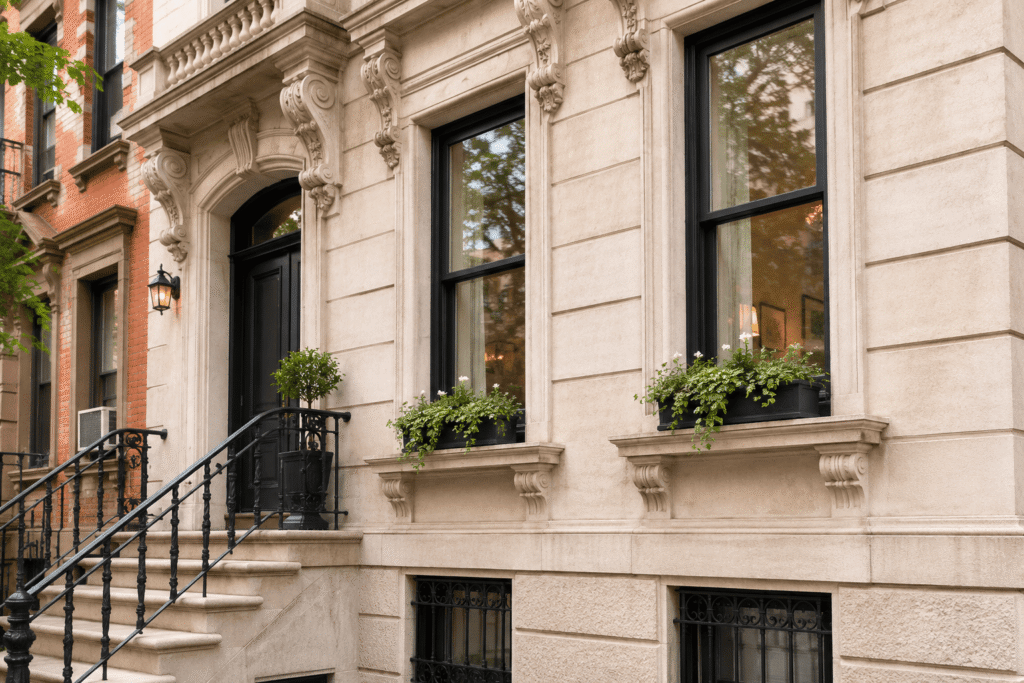 Limestone Restoration NYC project showing a close-up of a historic limestone facade with decorative stone columns, natural weathering, and architectural details before restoration.