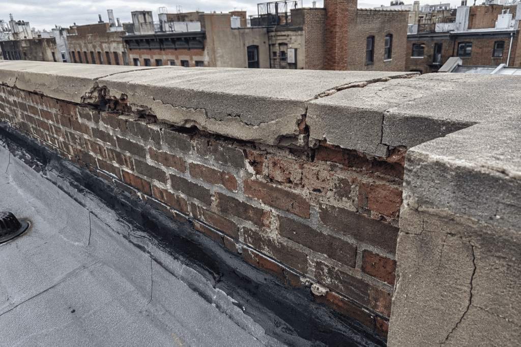 Parapet Wall Repair NYC showing a close-up of a damaged brick parapet with cracked coping stones, deteriorated mortar joints, and weather-related masonry damage on a New York City building.