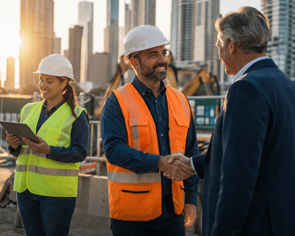 Construction contractor shaking hands with a property owner at an active NYC job site while a project manager reviews plans, representing transparent communication and fair payment practices.