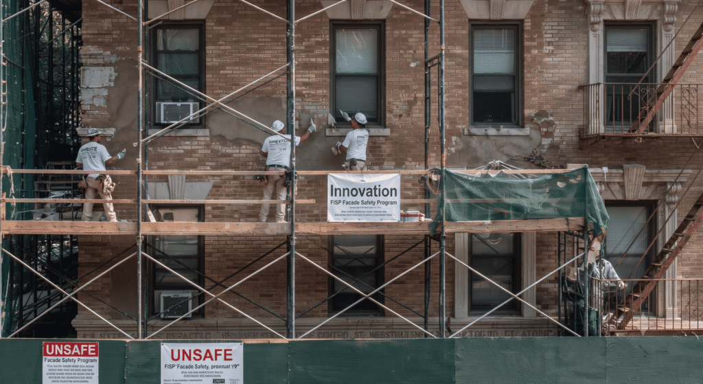 Construction crew performing professional masonry, brick repointing, and facade restoration for Local Law 11 FISP repair compliance on a historic NYC building.