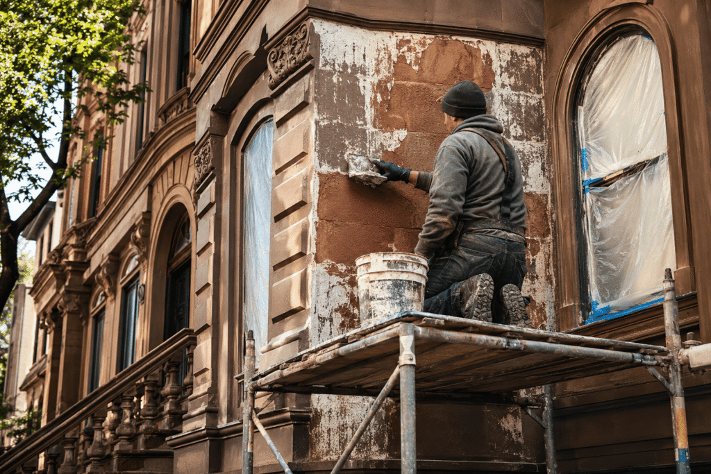 Brownstone paint removal in progress on a historic NYC townhouse using safe restoration methods with scaffolding and exposed natural stone facade.