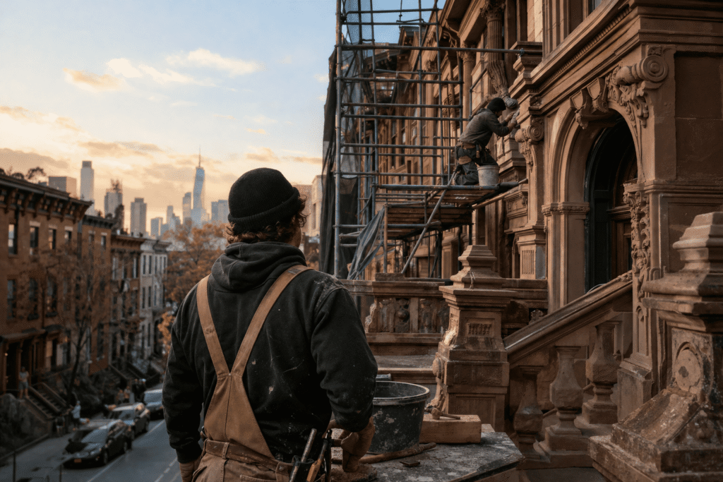 Construction professionals restoring a New York City brownstone with scaffolding, highlighting the craftsmanship and personalized service of Innovation Construction NYC for residential renovation and masonry projects.