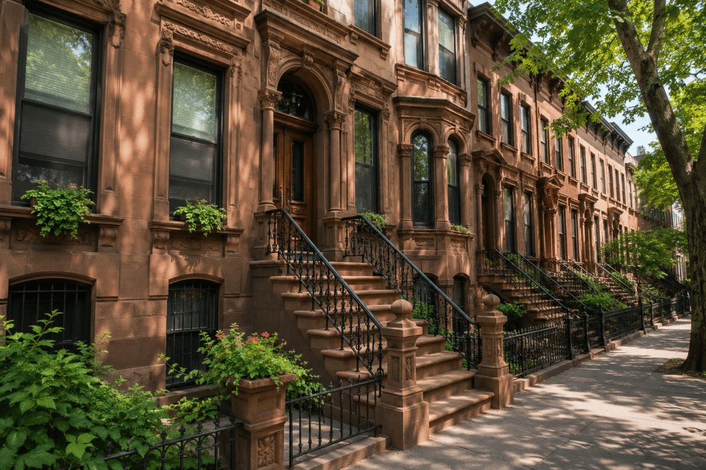 Bed-Stuy Brownstone Restoration showcasing restored historic brownstone townhouses with detailed stone facades and stoops.