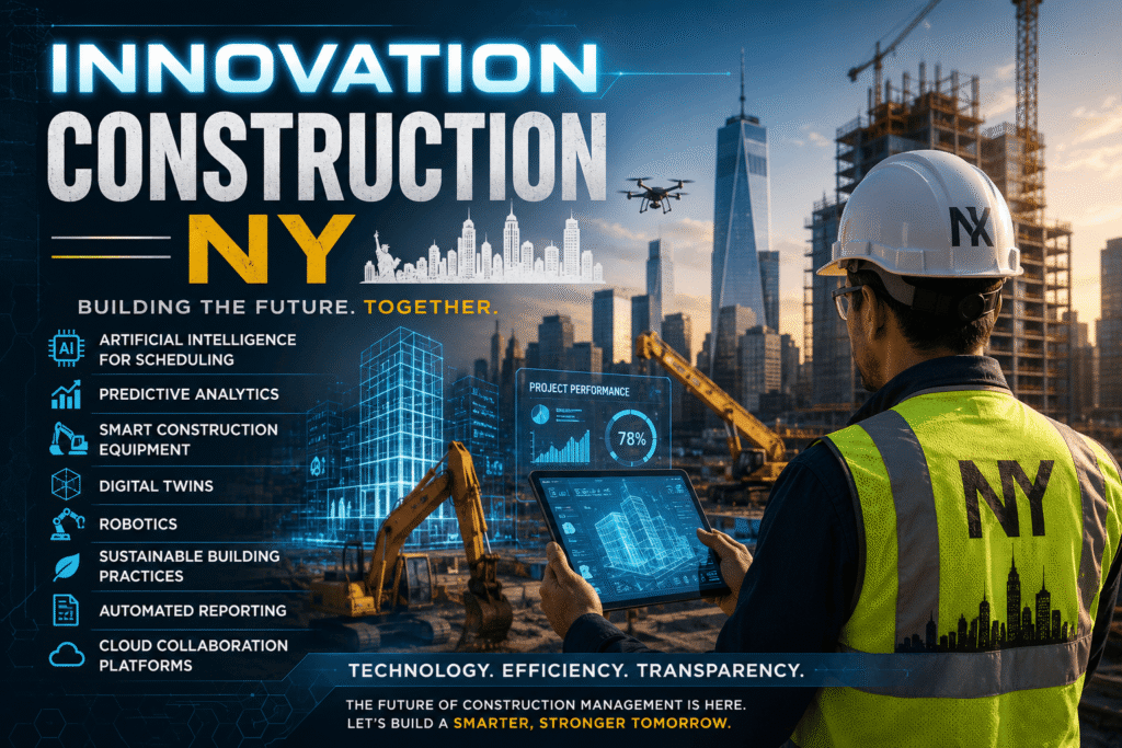 A futuristic construction management scene in New York featuring a construction professional using a digital tablet on an active job site with cranes, high-rise buildings, drones, and holographic building models. The infographic highlights emerging technologies including artificial intelligence for scheduling, predictive analytics, smart construction equipment, digital twins, robotics, sustainable building practices, automated reporting, and cloud collaboration platforms. The "Innovation Construction NY" branding emphasizes technology, efficiency, and the future of modern construction management.
