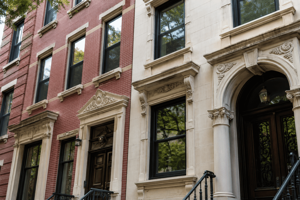Upper East Side Townhouse Restoration featuring closely spaced historic limestone and brick townhouses with restored facades in Manhattan, NYC.