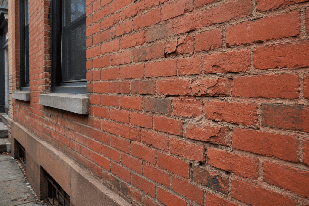 Crumbling Mortar and Spalling Brick Repair on a historic NYC brick building facade