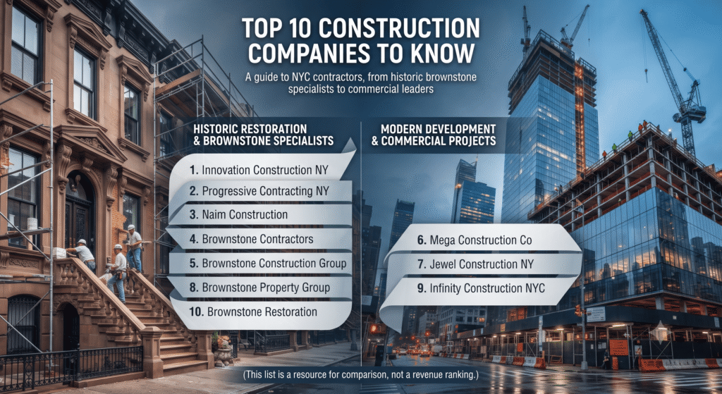 An infographic and comparison guide titled "Top 10 Construction Companies to Know" featuring two contrasting New York City backgrounds: historic brownstone buildings undergoing restoration on the left and modern high-rise commercial developments under construction on the right, listing local specialists and contractors.