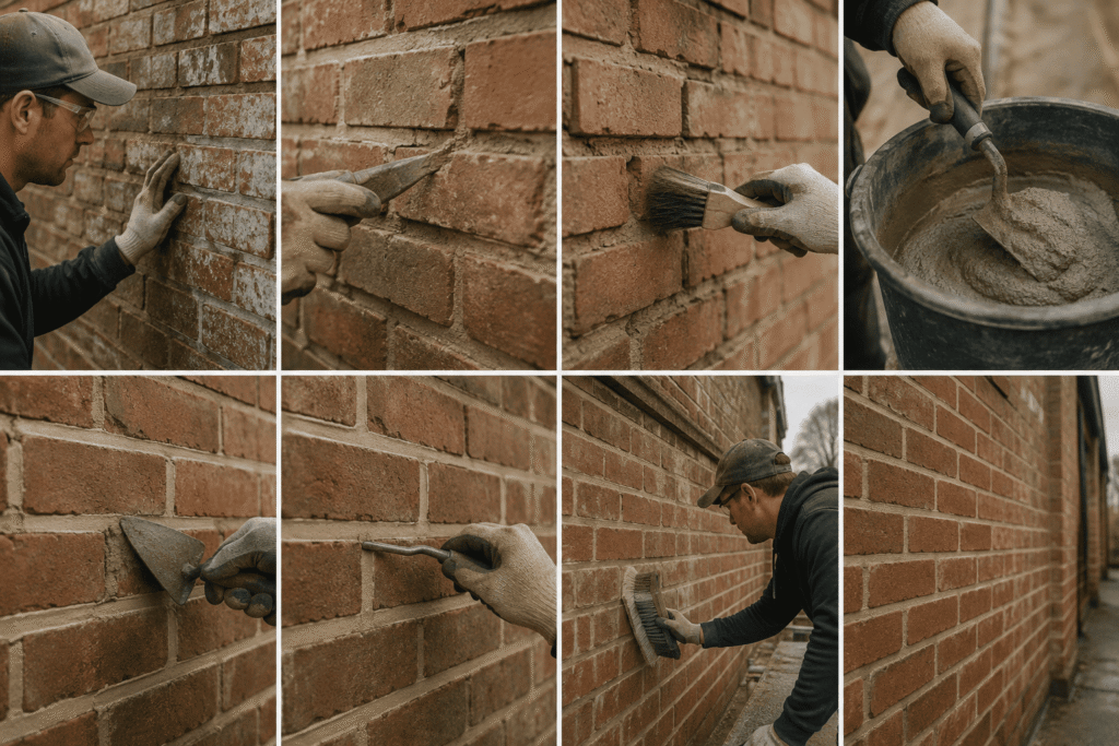 Professional brick pointing process showing old mortar removal, joint cleaning, new mortar application, joint finishing, and brick wall repair.